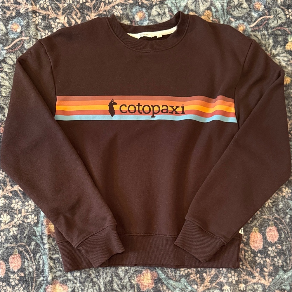 Cotopaxi Brown Crewneck Sweater with Multicolor Stripes